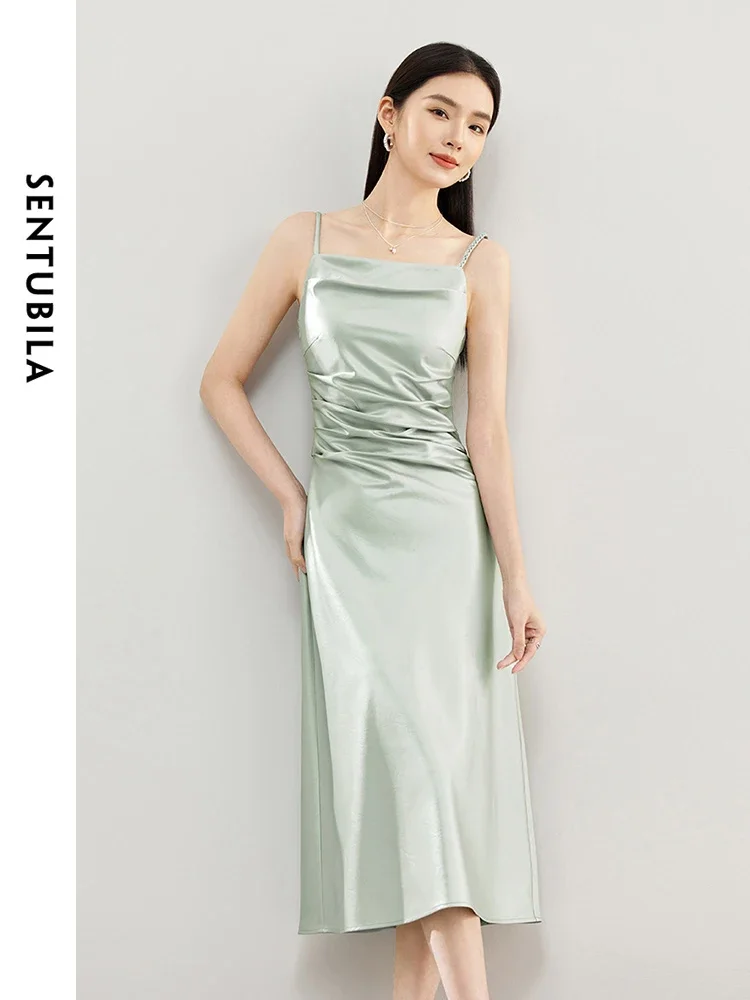 

SENTUBILA Women Elegant Sleeveless Satin Dress 2024 Fashion Square Collar Draped Waist A-line Twist Strap Midi Dresses 141L53446