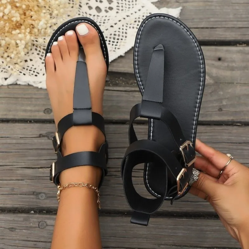 Women's Flat Sandals Open Toe T-Strap Strappy Buckle Design Summer Casual Shoes for Daily Wear Practical Walking Footwear Item