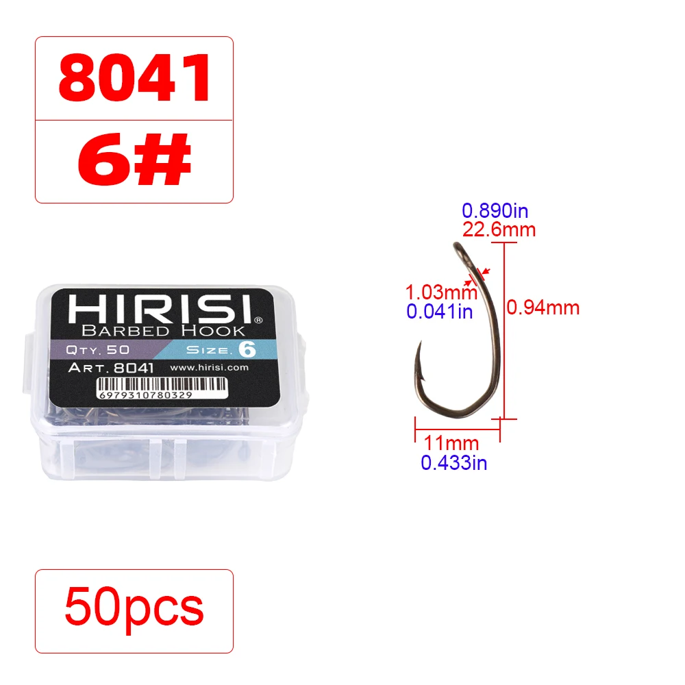 Hirisi 8041 50 Stück PTFE-beschichtete Angelhaken aus Hochkarbon-Edelstahl Rostfrei Scharfe Spitze mit Widerhaken und Öse für Angelzubehör