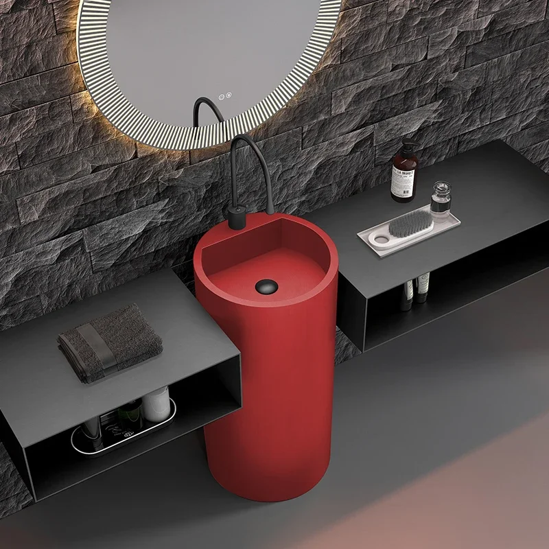 Red White Metal Stainless Steel Column Washbasin Floor-to-ceiling Washbasin Hotel Column Basin