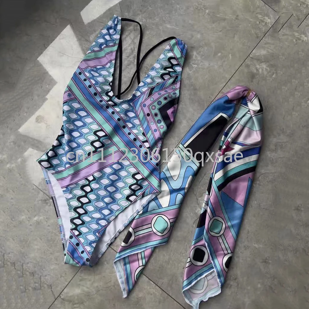 Luxury Design Women's Blue Scarf Swimsuits with Letter Signature Logo Designer Brand Lady Scarf Bikini Sets Beachwear