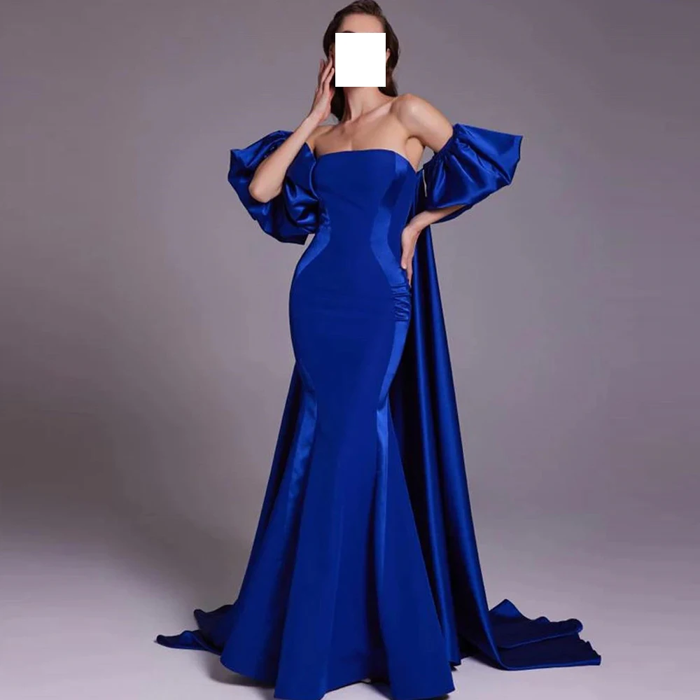 

Elegant Blue Detachable Sleeve Mermaid Strapless Evening Dress Jersey Classic Off the Shoulder Floor Length Panel Train Pleats