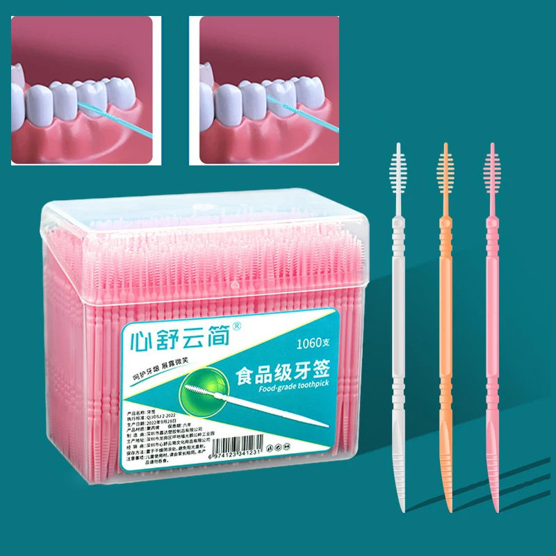 Palillo de dientes de plástico desechable con forma de hueso de pescado de doble punta, hilo Dental, cepillo Interdental, Herramientas de limpieza bucal, 1060 unids/lote por bolsa