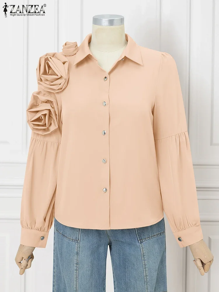 ZANZEA Elegant Shirts Women Autumn Long Seeve Blouse 2025 Decor Flowers Tops Fashion OL Work Tunic Solid Casual Loose Blusas