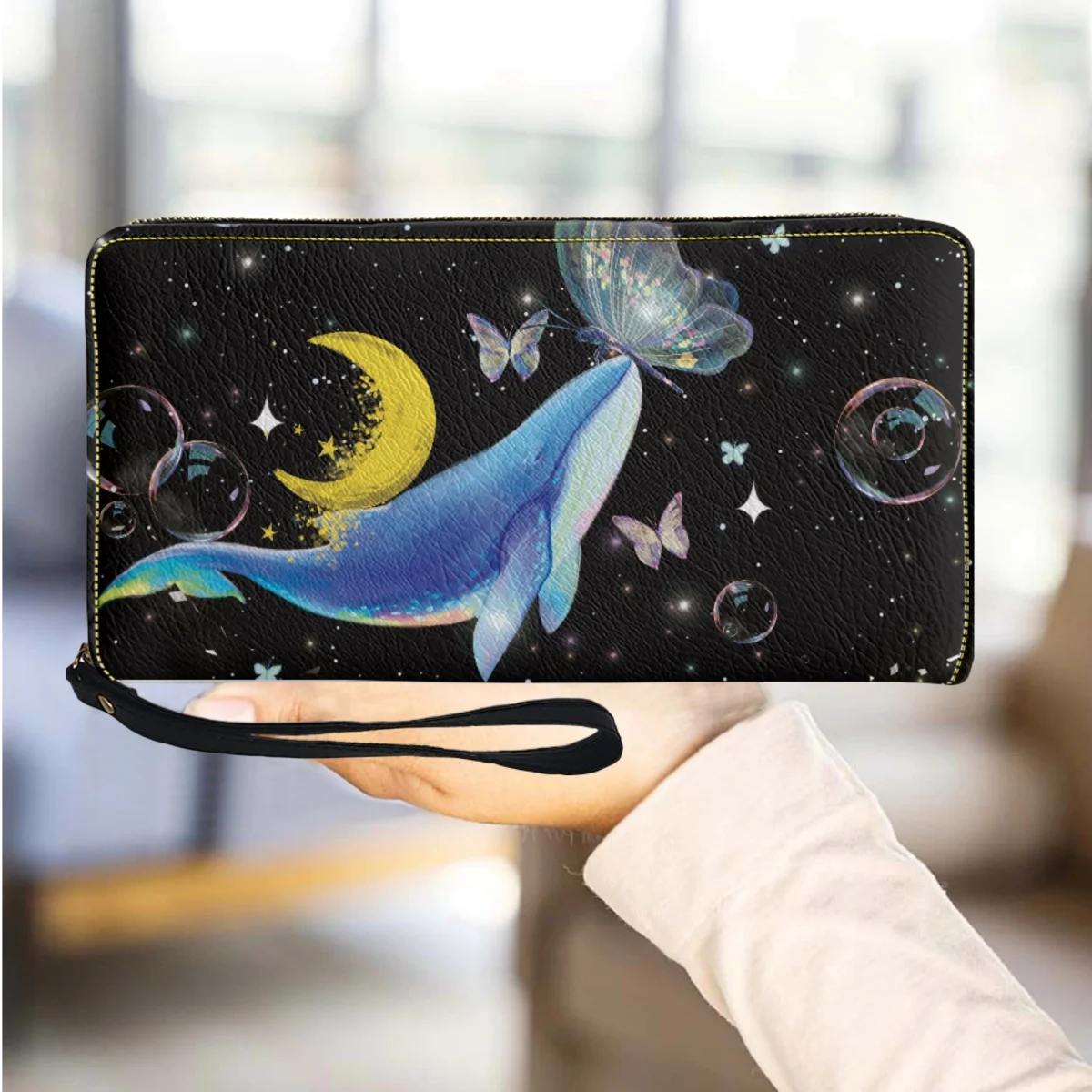 

Cartoon Whale Dolphin Print Clutch Wallet Long Women's Slim Pu Leather Passport Coin Purse Trendy Fashion Wristband Wallet Gift