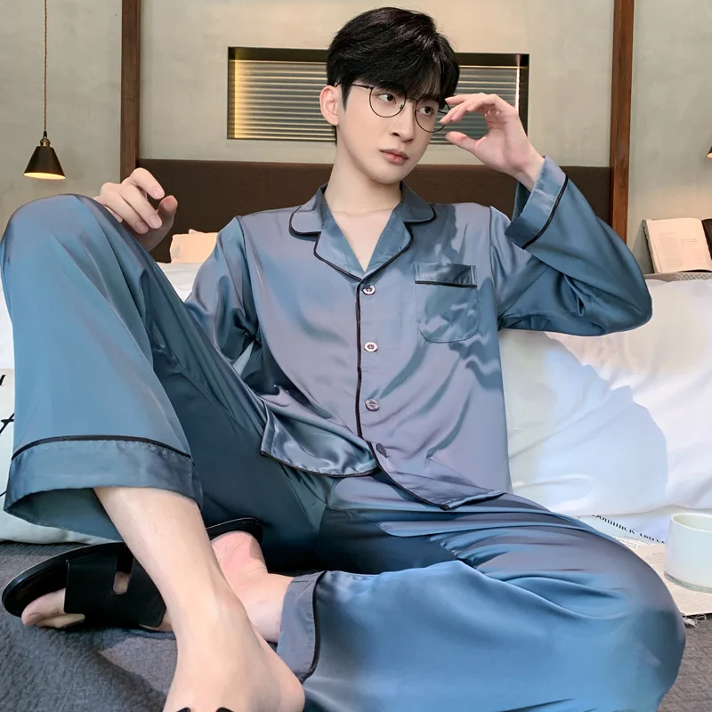 High Quality Pajamas Men\'s Spring Summer Long-sleeved Pyjamas Male Thin Ice Silk Home Clothes Satin Suit Sleepwear Set Nightwear