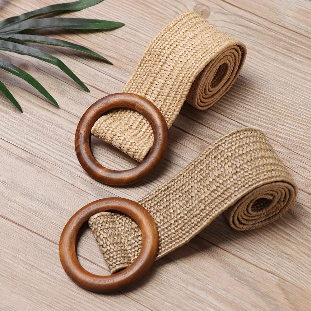 Women Dress Belt Shirt Round Wooden Buckle Wide Straw Belt Body Jewelry Elastic Waist Chain Belly Necklace