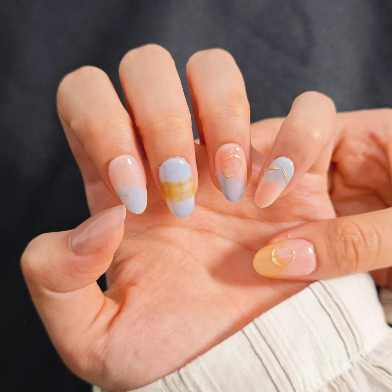 

10PCS Press on Nails Handmade Color Blending Fake Nail Pieces Hand Drawn Three-dimensional Line Shaped Nail Art Cat Eye Nail Art