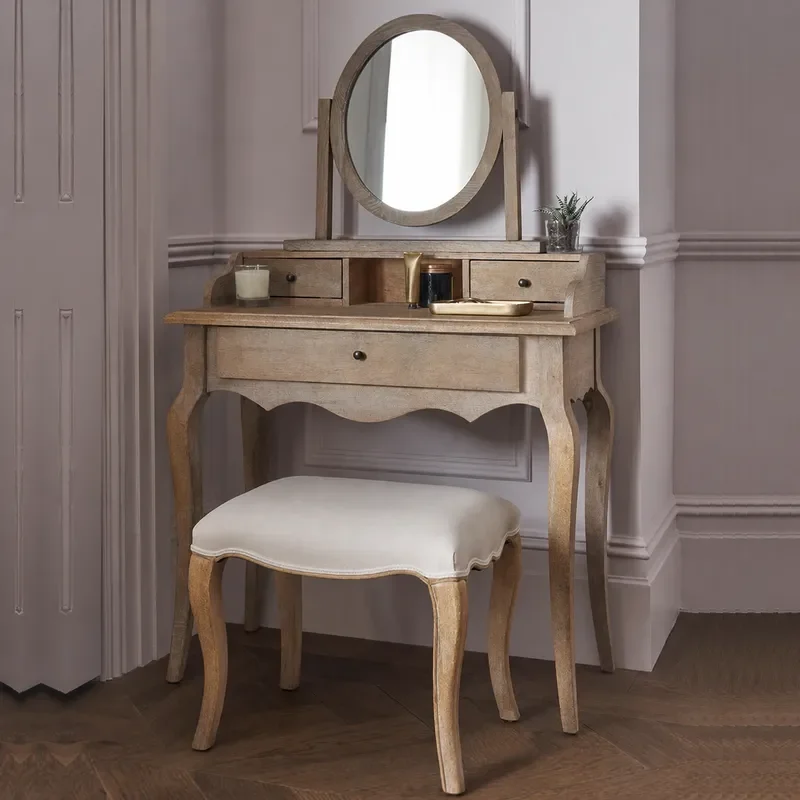 Retro Solid Wood Makeup Table with Mirror Household Desk Shelf Bedroom Small Dresser and Stool