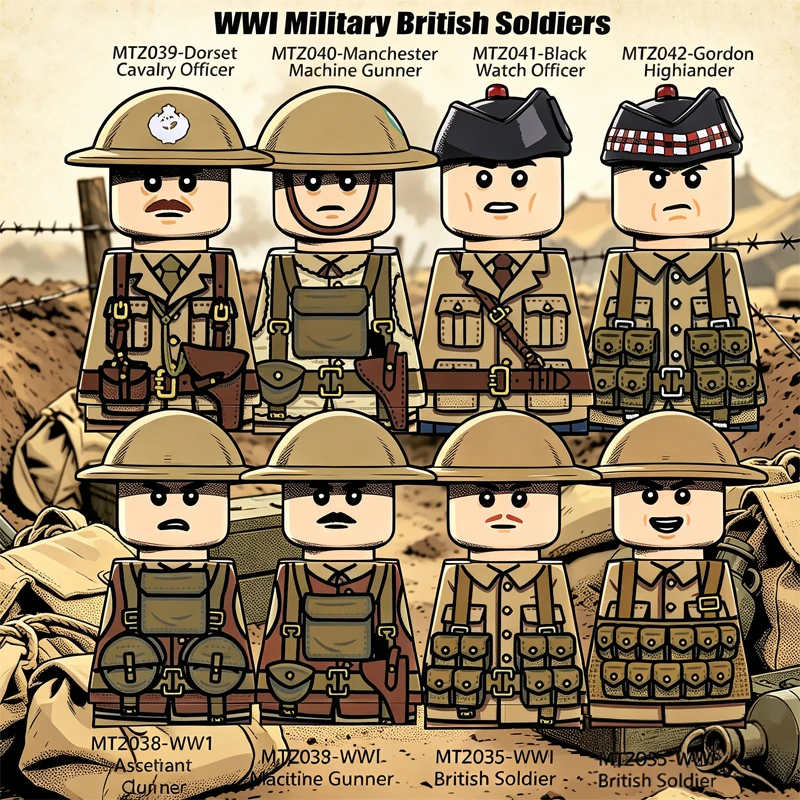 MOC WW1 British Soldier Cavalry Officer Figures Building Blocks Gordon Highla Army Infantry Helmets Cap Weapons Gun Bricks Toys