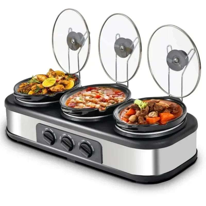 

Silver 4.5 QT Electric Small Slow Cookers Portable Crock Pot 1.5 Quart Triple Slow Cooker For Buffet Kitchen