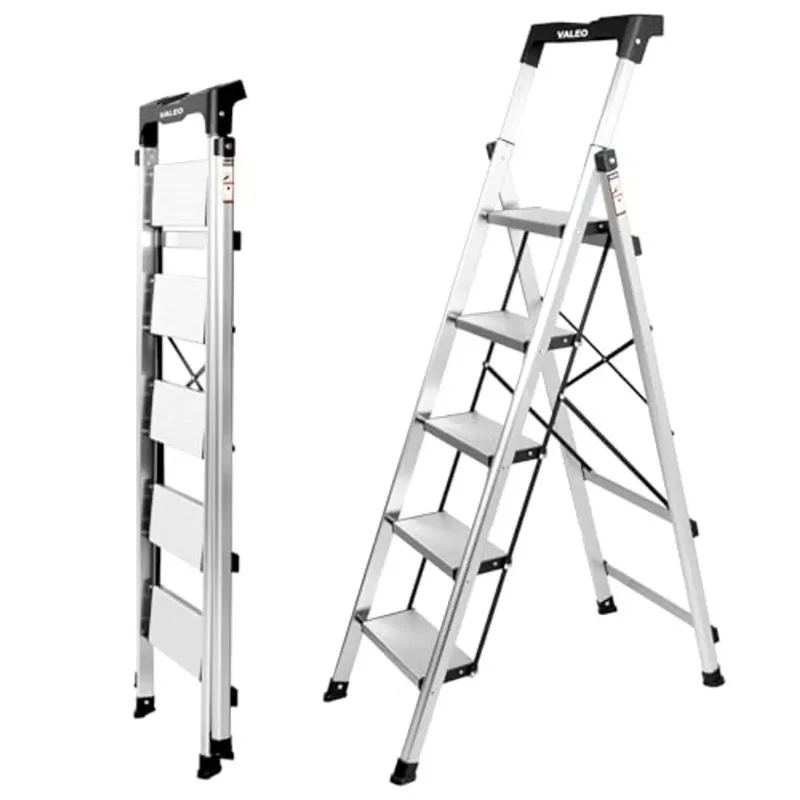 5 Step Aluminum Ladder with Retractable Handgrip Anti-Slip Pedal 330 lbs Folding Step Stool for Kitchen Garage Home Space Saving