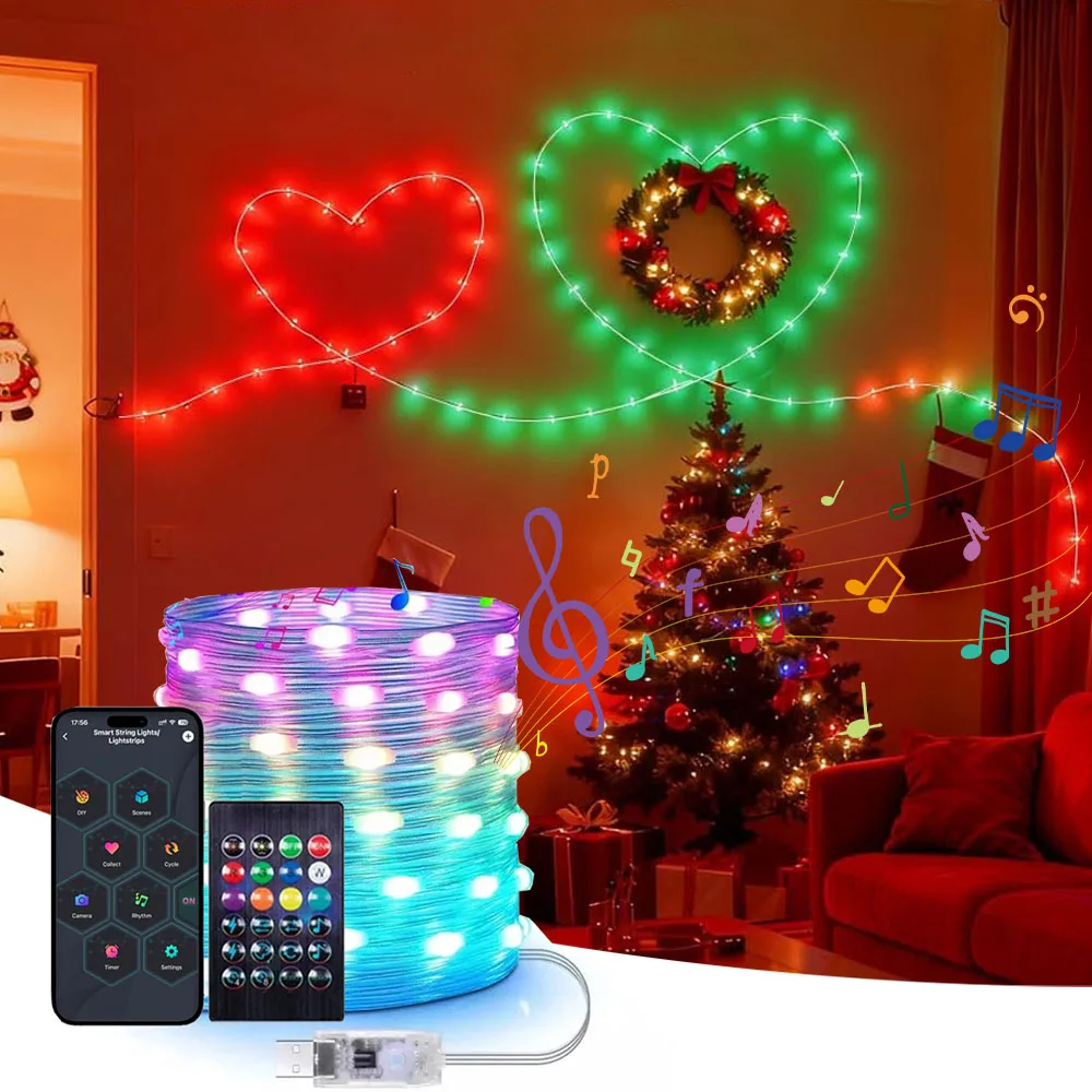 

200-светодиодная гирлянда RGB, умная уличная гирлянда для вечеринки, кожаная линия, IP65, Bluetooth, музыкальная лампа, гирлянда, гирлянда, праздничное освещение