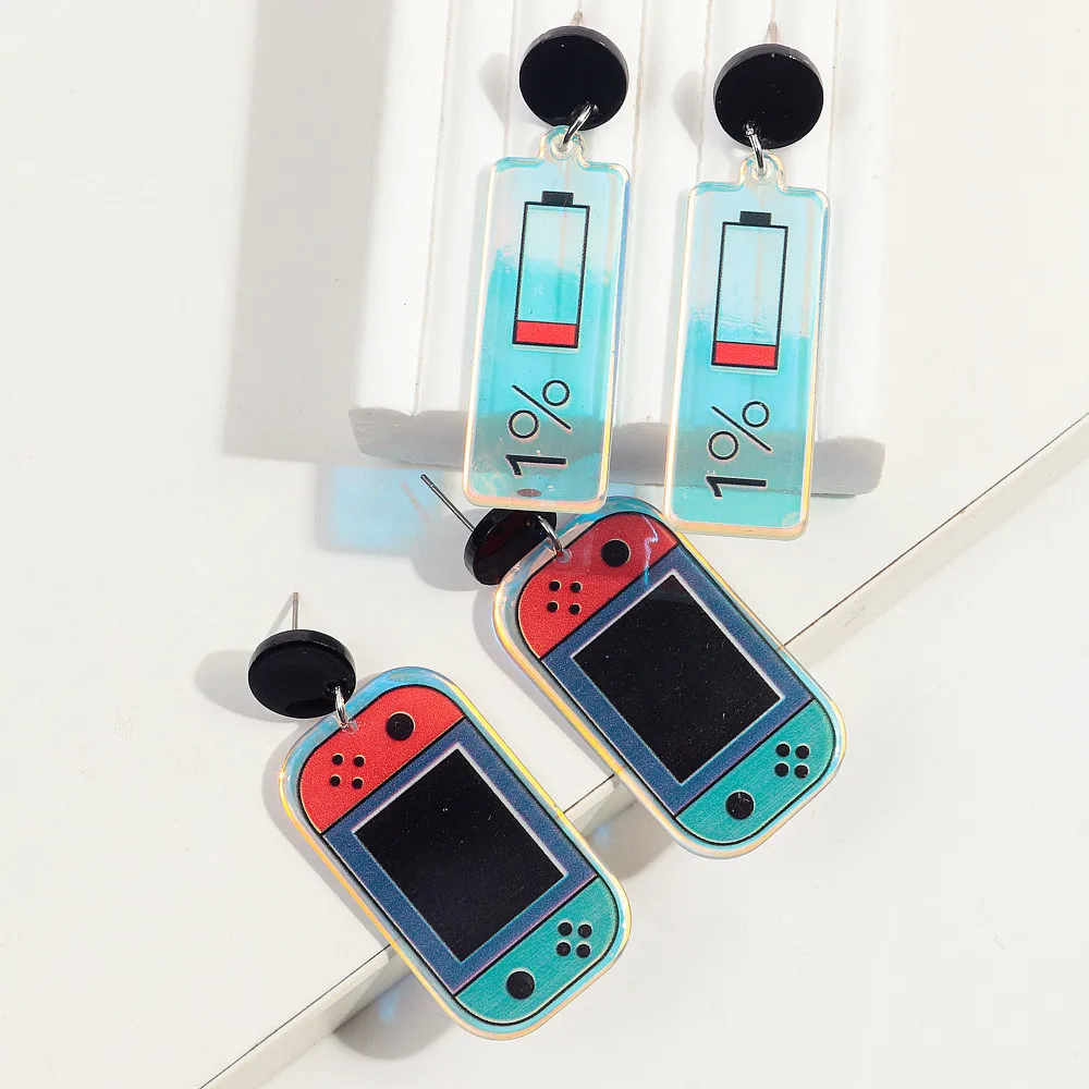 New Creative Laser 1% 99% Phone Battery Acrylic Earrings for Women Funny Cartoon Games Console Drop Earring Trendy Jewelry Gifts