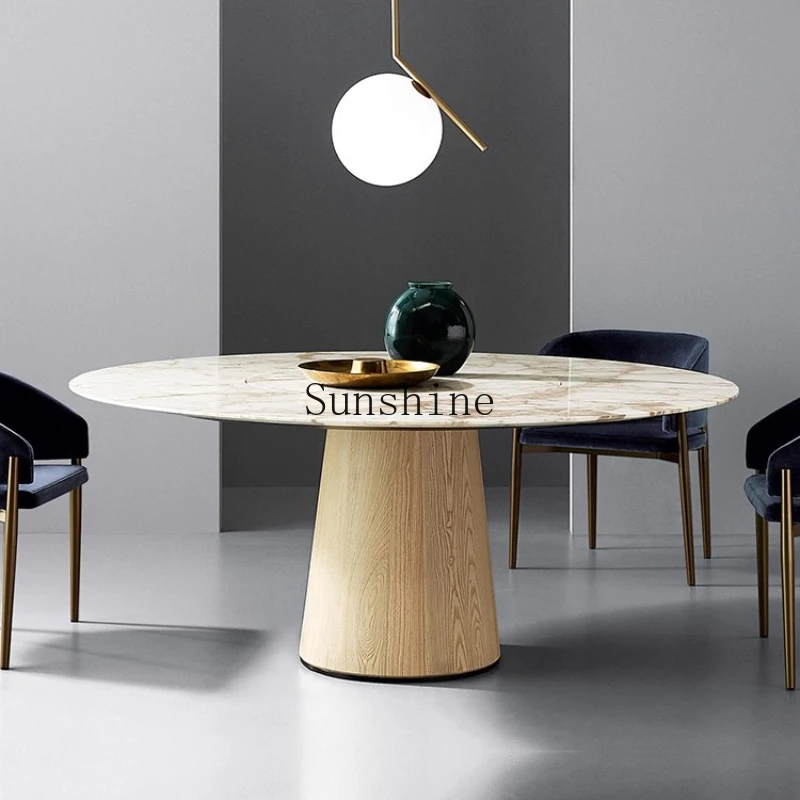 

Snowflake green natural marble round dining table and chair combination simple modern home with turntable