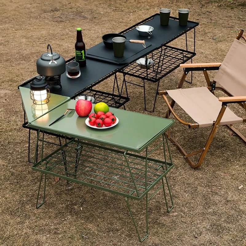 Foldable Outdoor Grid Table Table Board BBQ Table IGT Iron Mesh Table Camping Tabletop Board Combination Picnic Tea Table