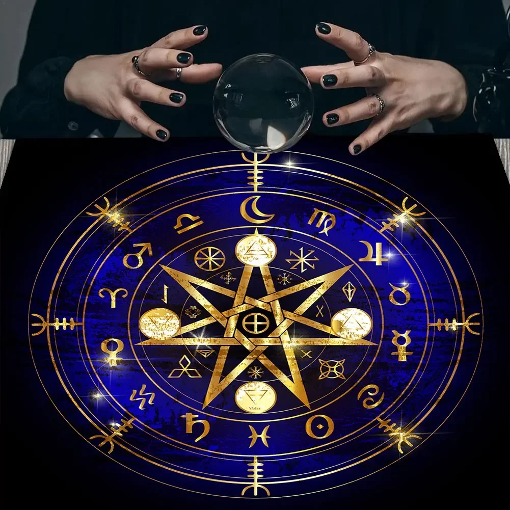 Psychedelic Starry Sky Tarot Tablecloth Altar Cloth Triple Moon Pentagrams Wheel Of The Zodiac Astrology Mandala Tarot Tapestry