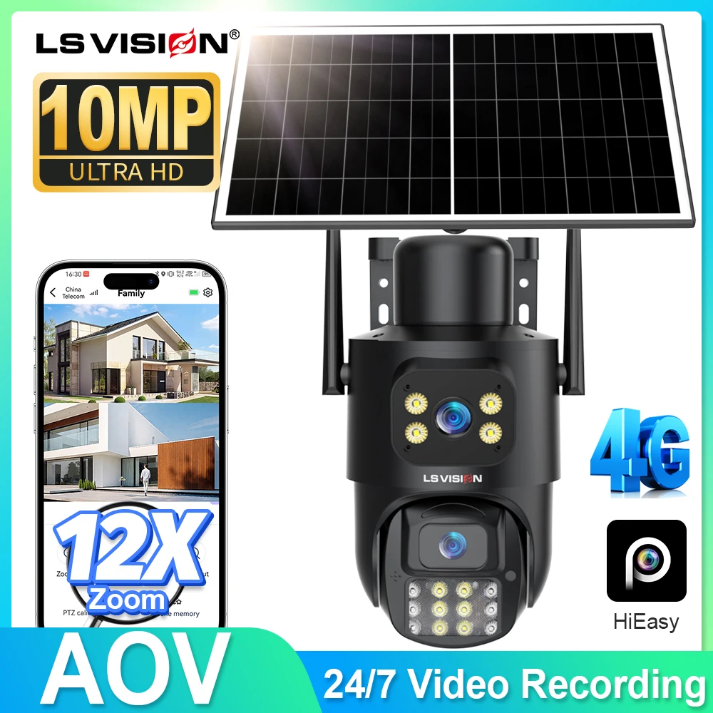 LS VISION 12X Zoom Home Solar Surveillance Cameras Outdoor 4K 10MP Dual Screen 4G SIM AOV 24/7 Video Recording Auto Zoom Track