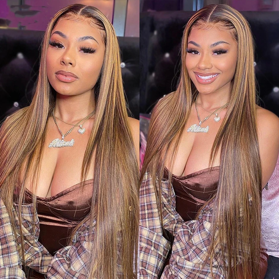 

Wear And Go Glueless Human Hair Brazilian Straight Highlight Wig 4x4 HD Lace Glueless Preplucked Human Wigs Ready To Go