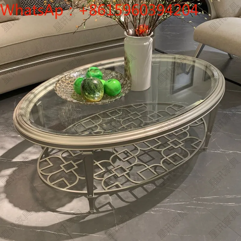 American solid wood coffee table living room light luxury oval hollowed-out glass surface toughened coffee table