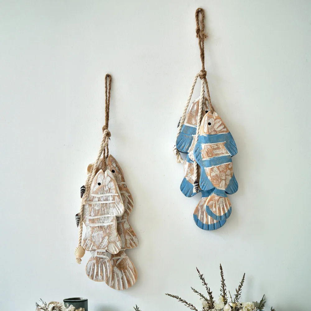 Antique Wooden Fish Hanging Decoration Mediterranean Style Retro Art Craft Small Large Wall Pendant For Home Interior