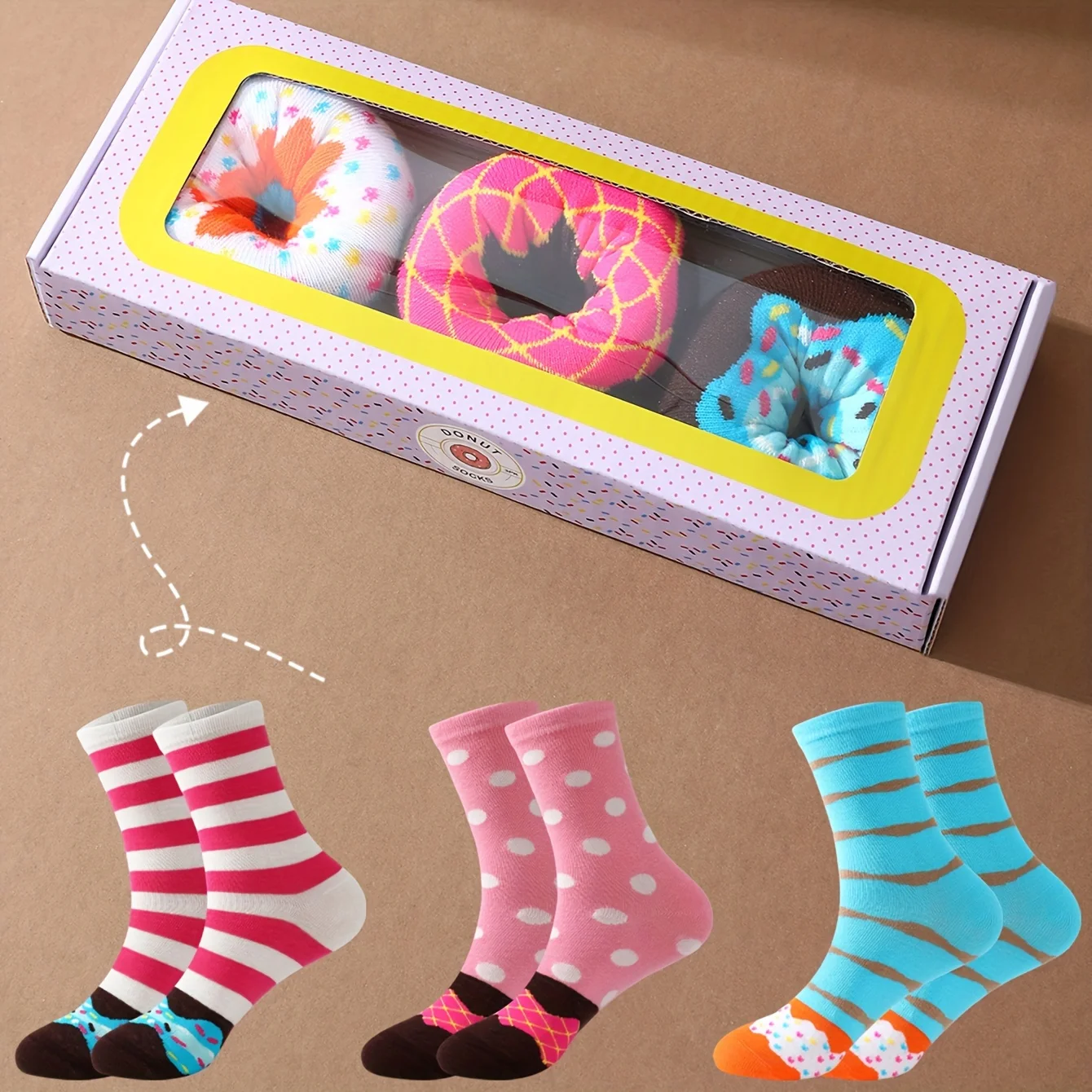 1 pair of fashionable, unique and interesting donut patterned men\'s and women\'s gift socks suitable for all seasons