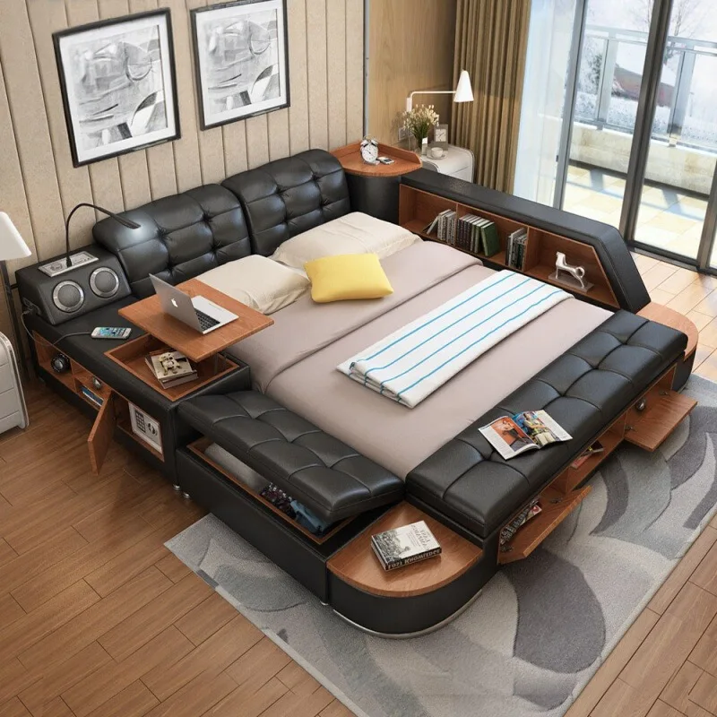 Modernes, schlichtes Hauptschlafzimmer, 1,8 Meter großes Doppelbett mit Stauraum, multifunktionales Tatami-Lederbett