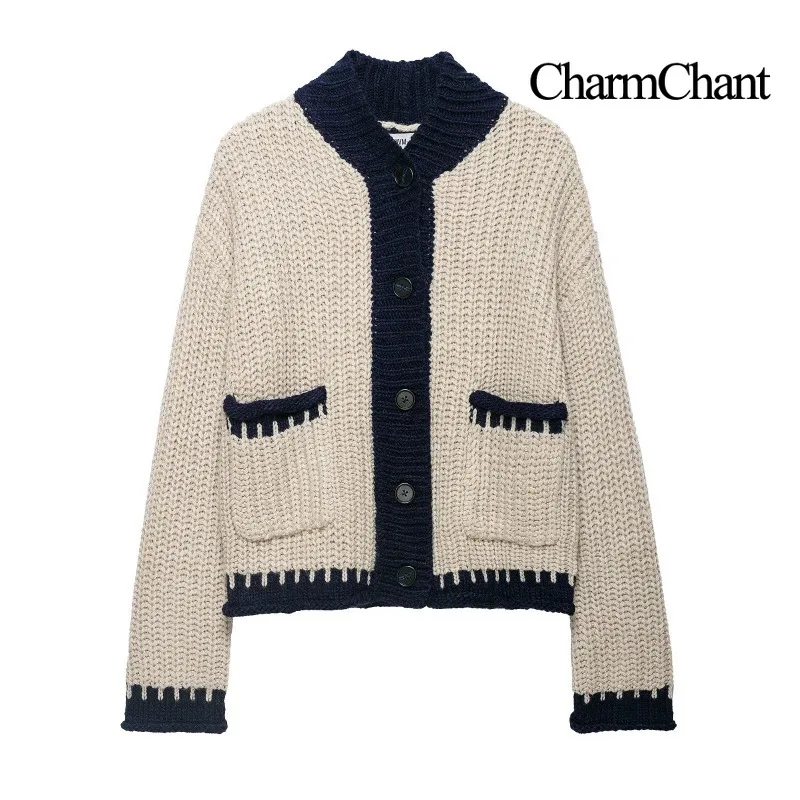 CHARMCHANT Women's Chunky Knit Cardigan Stand Collar Button Front Patch Pocket Color Block Beige Navy Fall Winter 2026