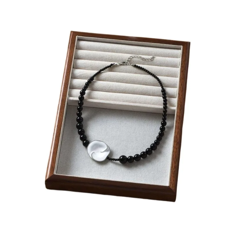 

H Plum blossom white enamel black agate necklace women's new Chinese light luxury high-end ring collarbone chain earrings