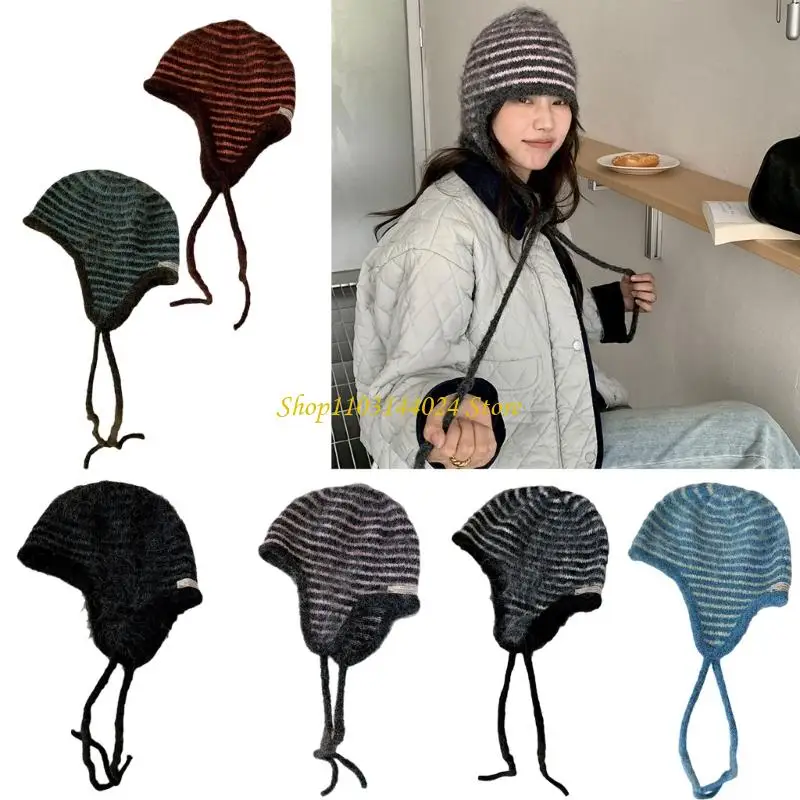 N5KE Comfortable Knit Fabric Stripe Bonnet Cap with Ear Warmer Accent For Cosy Chilly Climates Easy To Maintain