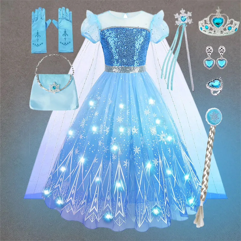 Glowing Elsa Inspired Carnival Costume with Cape Sequined Bodice Mesh Skirt Kid Dressy Frozen Snow Queen Cosplay Princess Robe