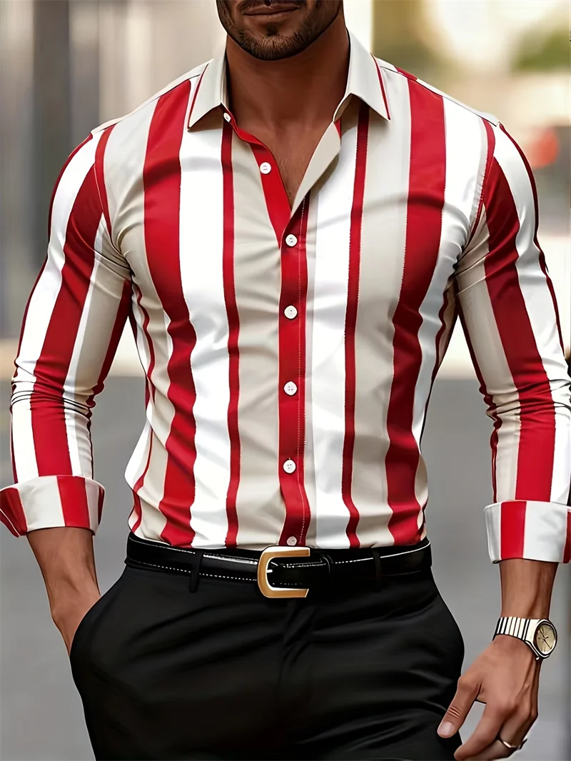 New red and white vertical stripe men's long sleeved shirt 3D printed business collar slim fit shirt clothing