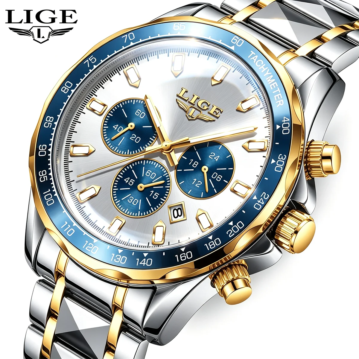 LIGE Business Men Watch Waterproof Luminous Stainless Steel Sports Men's Watches Chronograph Date Quartz Watch For Man Halloween