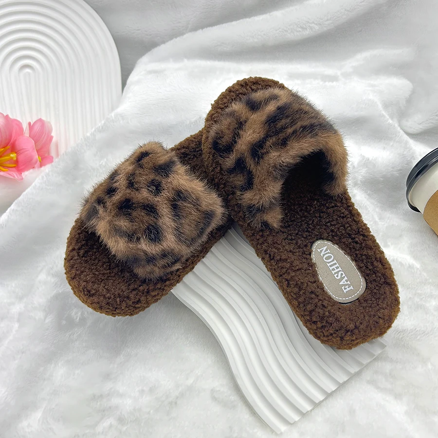 AYANA Leopard Print Slippers With Fur Plush House Slippers Flat Sandals For Women Fuzzy Open Toe Slippers Anti Skip