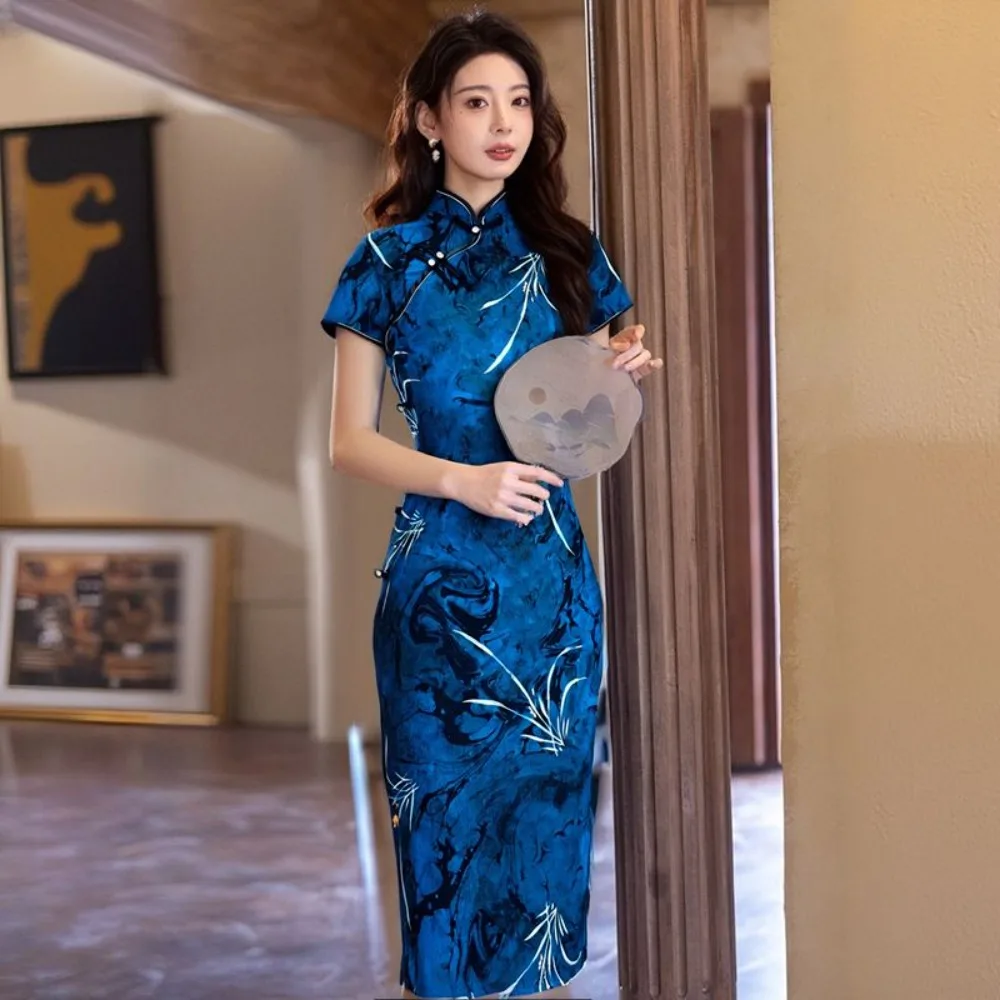 Blue Side Button Qipao 2025, Long Modern Cheongsam with Print, Young Style Simple Dress