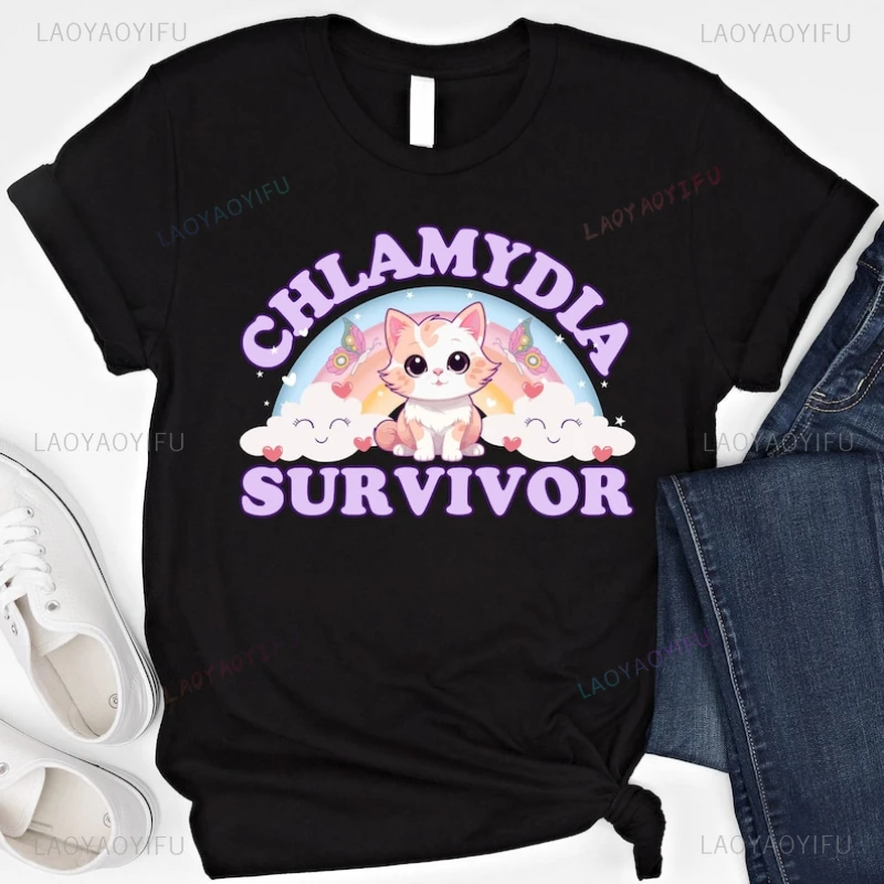 Funny Cat Chlamydia Survivor Sweatshirt Sarcastic Reproductive Health Graphic T Shirts Woman Man High Quality Cotton T-shirt