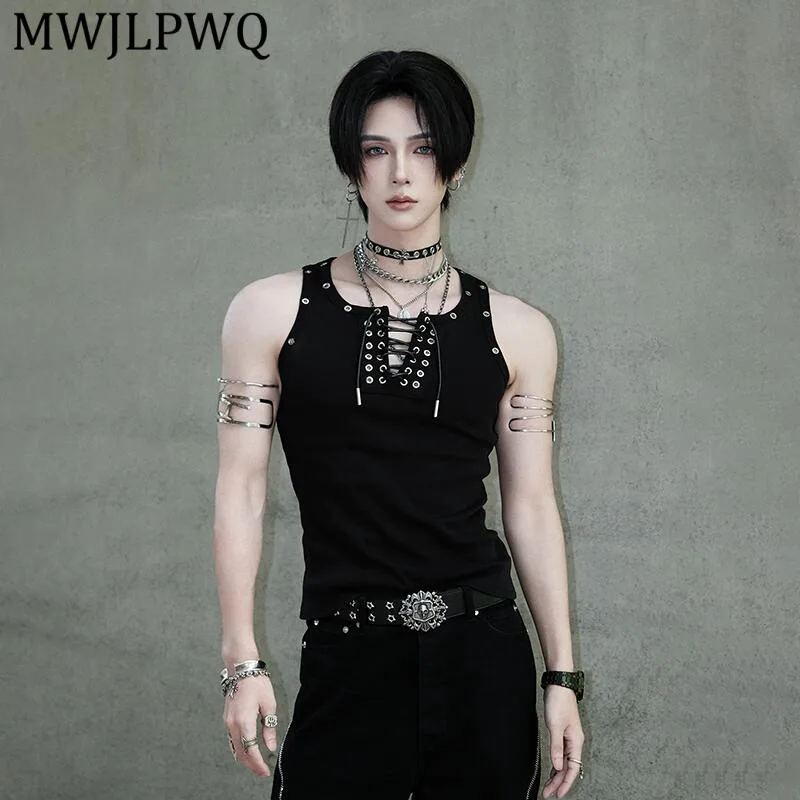 

MWJLPWQ Metal Decorate Design Trendy Sleeveless Vest For Men 2026 Summer New Street Style Drawstring Design Stylish Tops 15941