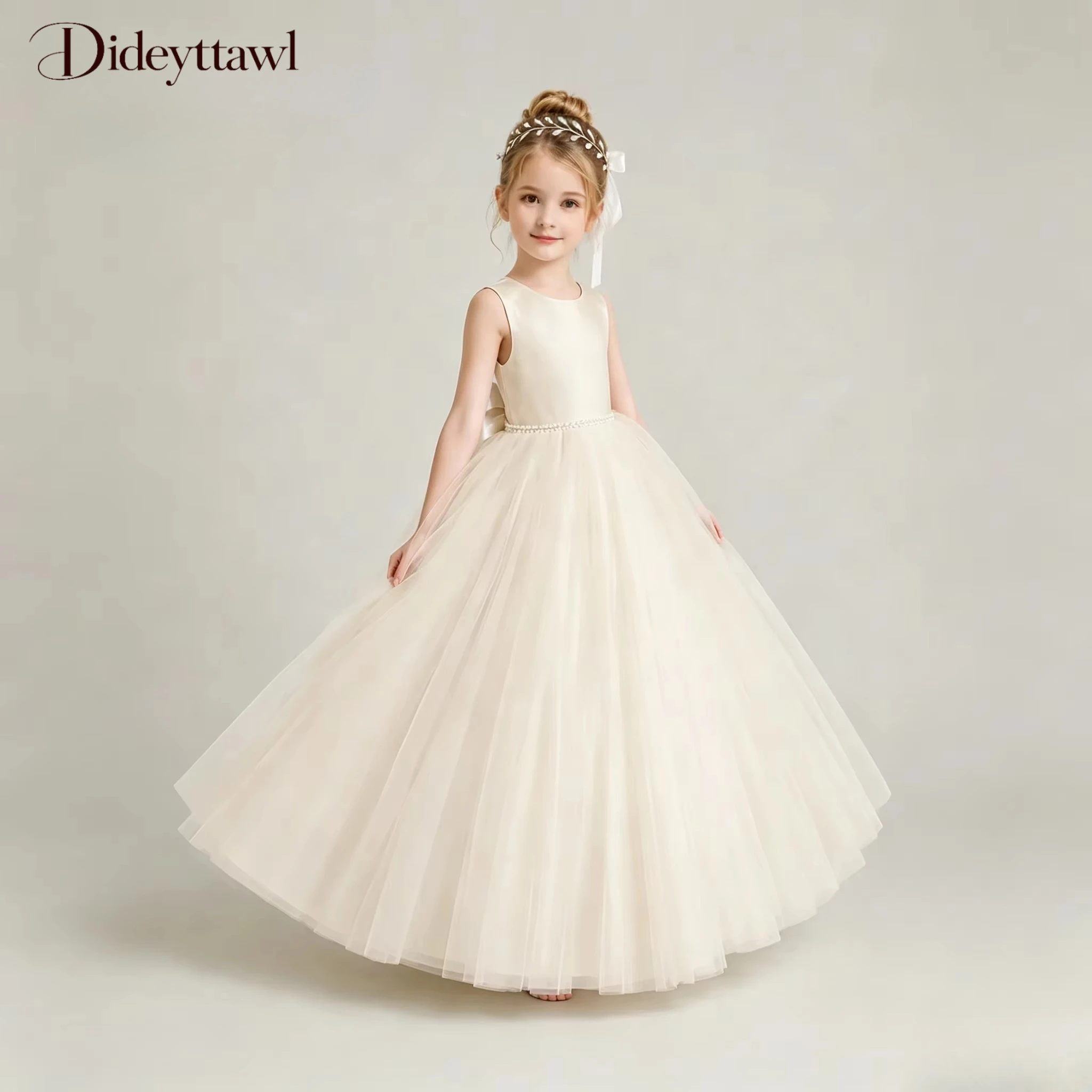 Satin Tulle Ball Gown Sleeveless Champagne Flower Girl Dress Big Bow Back Design Wedding Birthday Pageant Formal Evening Dress