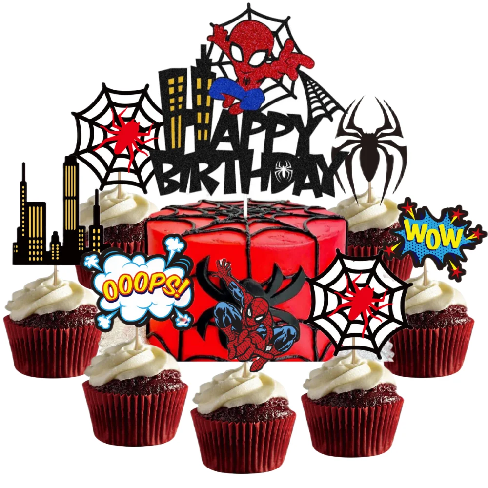 Spiderman Cake Topper Superhero Double Sided Glitter CupCake Toppers For Baby Shower Kids Boys Birthday Party Cake Decorations