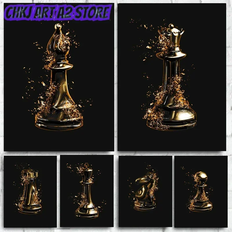 Canvas Painting Wall Prints Pictures Black White 3D Golden Chess Piece Posters Bishop Knight King Queen for Living Room Decor