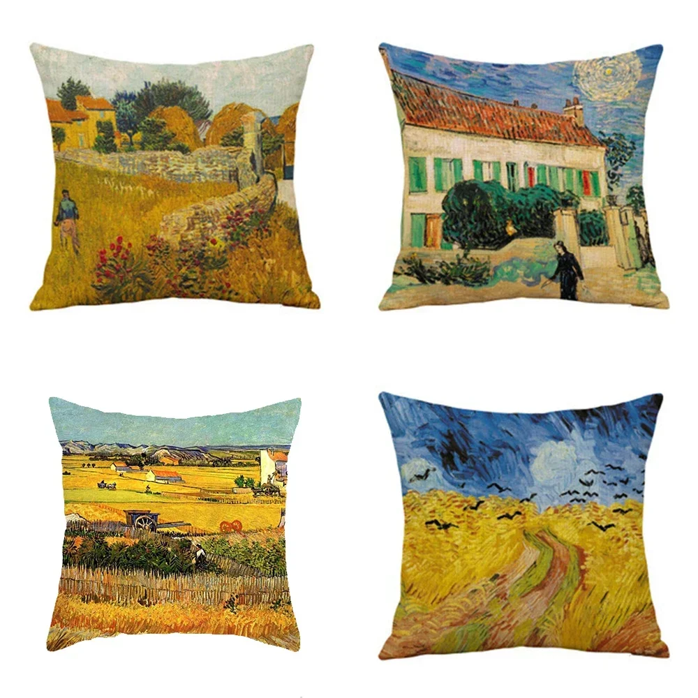 Van Gogh Painting Pillow Case Home Decor Linen Cushion Cover for Sofa Aesthetic Pillow Cover Star Night Sunflower Self-portrait