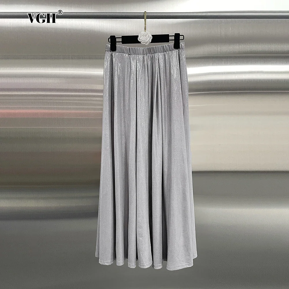 VGH Sliver Color A Line Skirt for Women High Waist Slimming Spliced Elastic Loose Chic Long Skirt Female Clothing Fashion Style