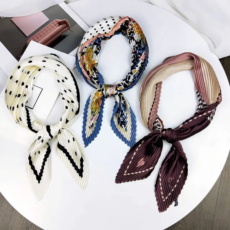 Korean Pleated Scarf Crinkle Small Square Scarf Decorative Silk Women Scarf Print Neck Scarves Elastic Hair Band Ribbon Wrinkle