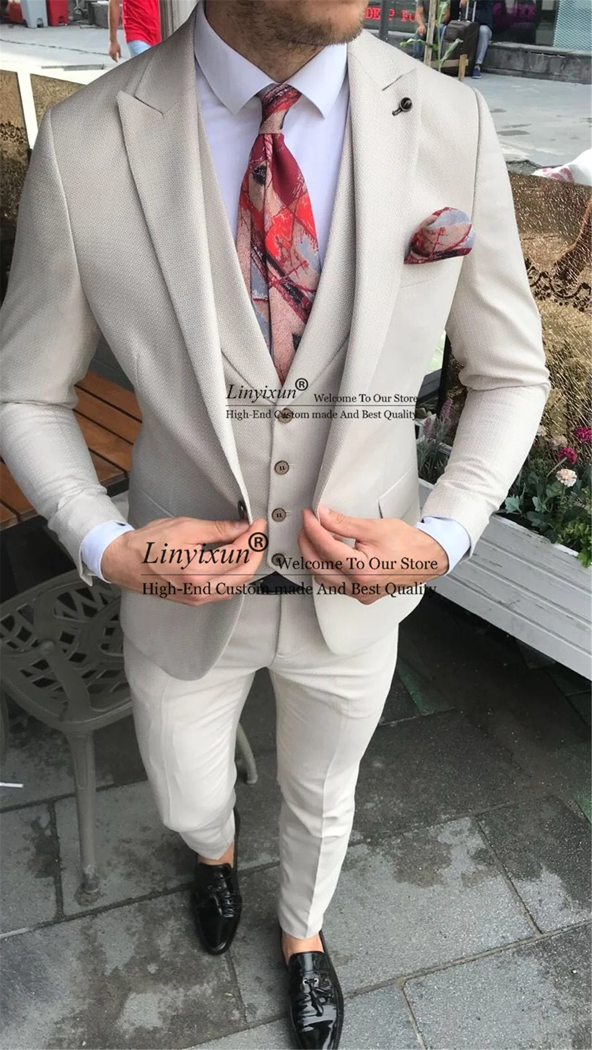 

Formal Begie Men Suit For Wedding Slim Fit Groom Tuxedos 3 Pieces Set Business Male Prom Blazers Groomsmen Outfit Costume Homme