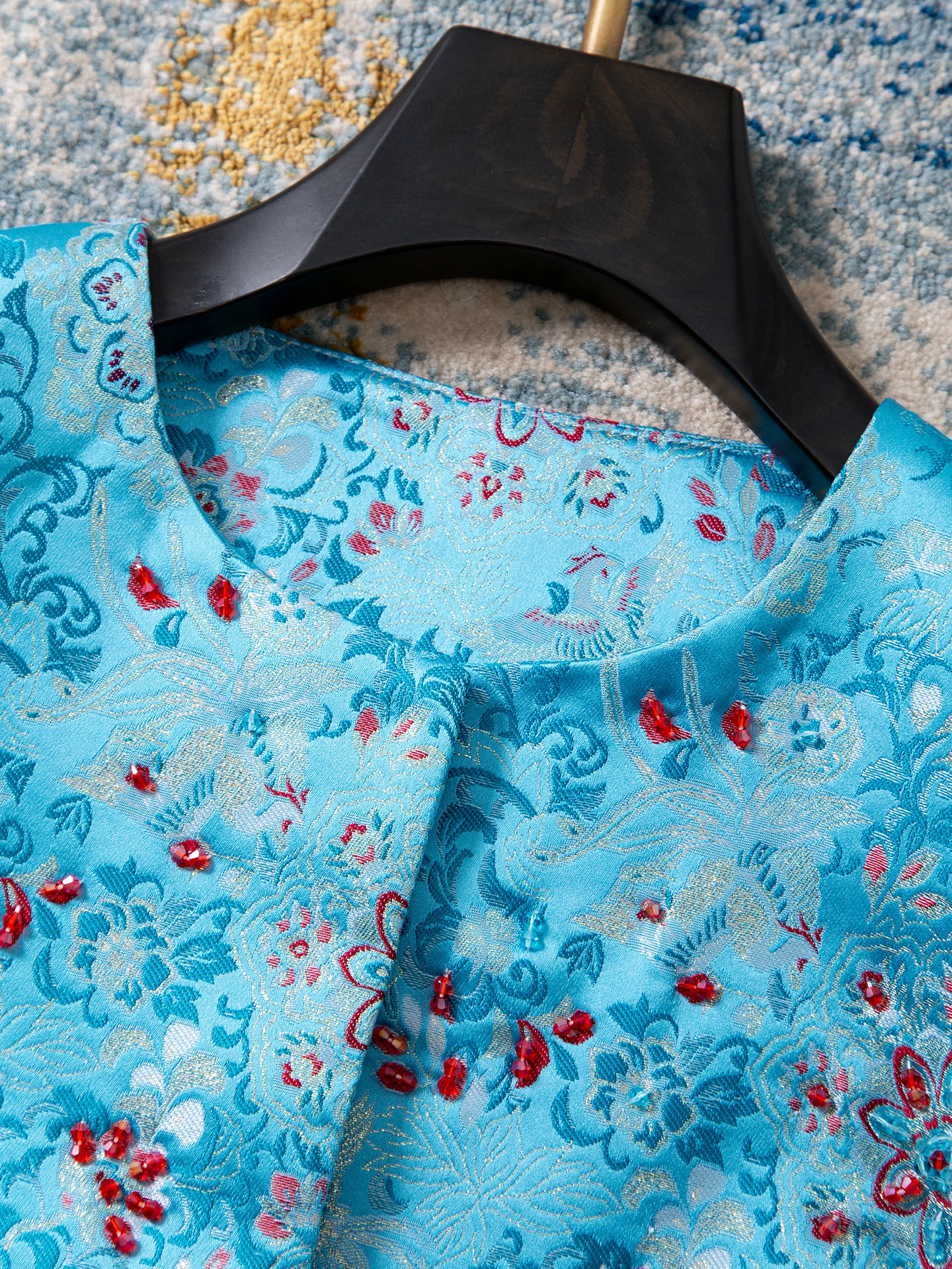 Nuovo stile cinese elegante moda perline jacquard girocollo manica lunga monopetto versatile giacche blu donna primavera