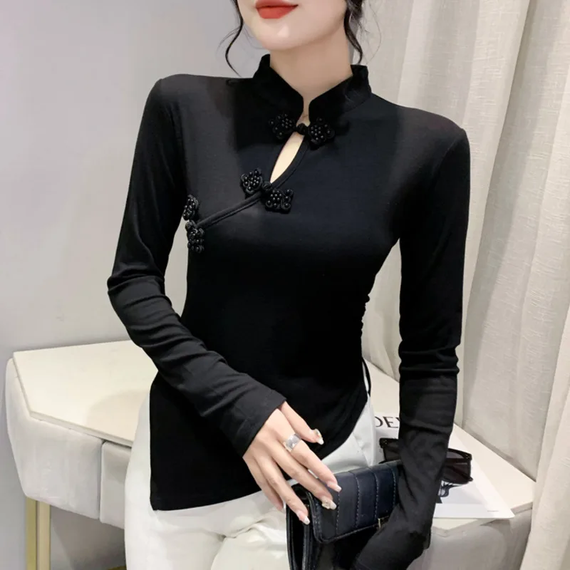 #8093 Black White Irregular T Shirt Women Buttons Vintage Hollow Out Stand Collar Chinese Style Short Tight T Shirt Long Sleeve