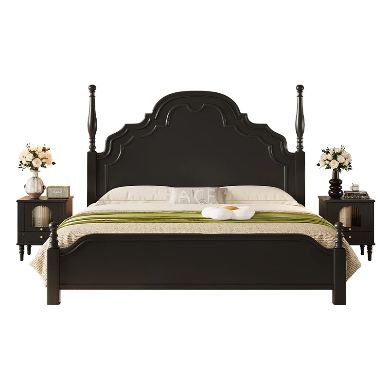 

American master bedroom light luxury high sense black solid wood bed 1.8 meters plus mattress double