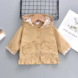 Spring/Autumn Baby Girl Windbreaker Baby Girl Solid Color Hoodie Single breasted Long sleeved Coat Ear fungus Edge Casual Coat