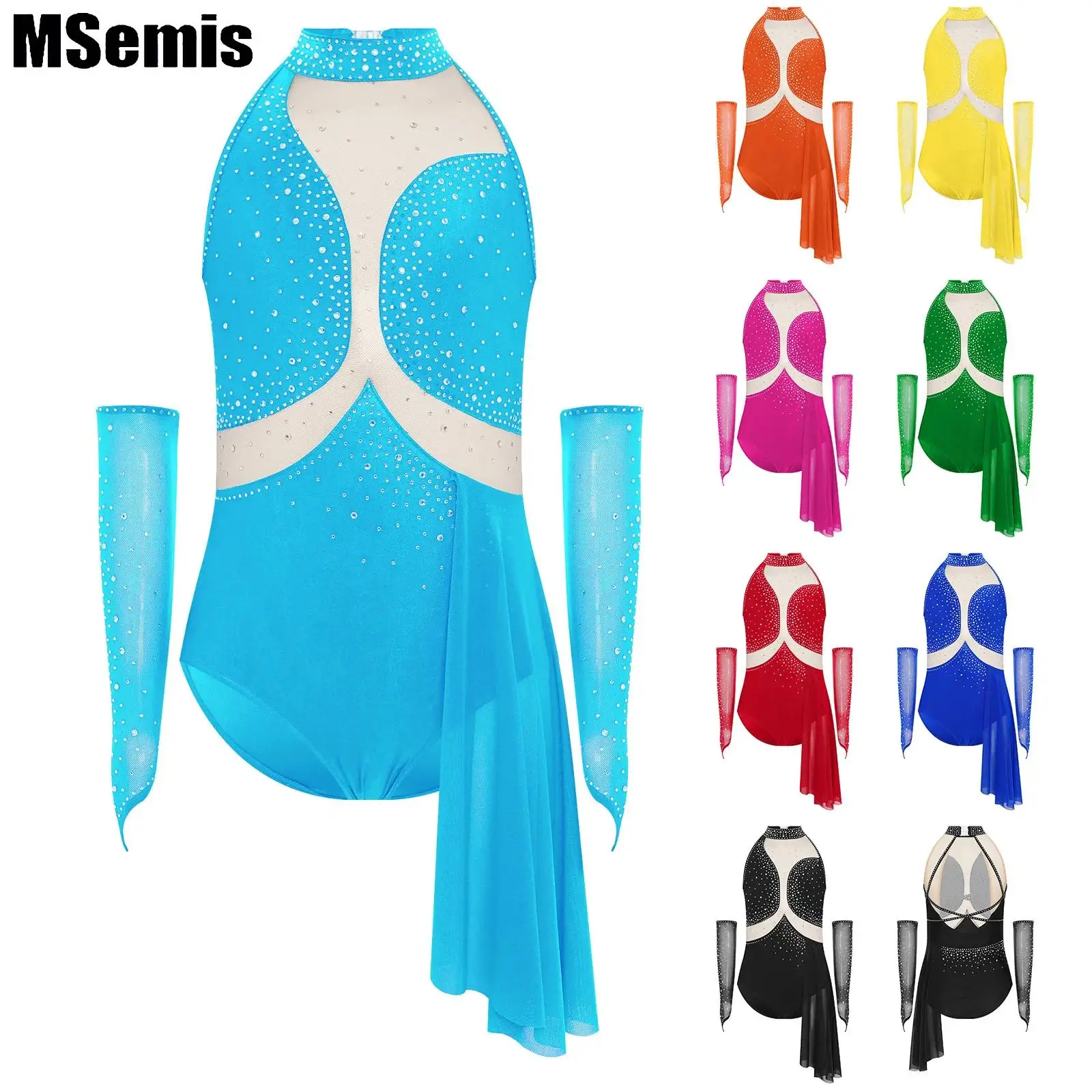 

Kids Girls Ballet Figure Skating Leotard Costume Modern Lyrical Dance Dress Rhinestones Sheer Mesh Asymmetrical Skirt And Gloves
