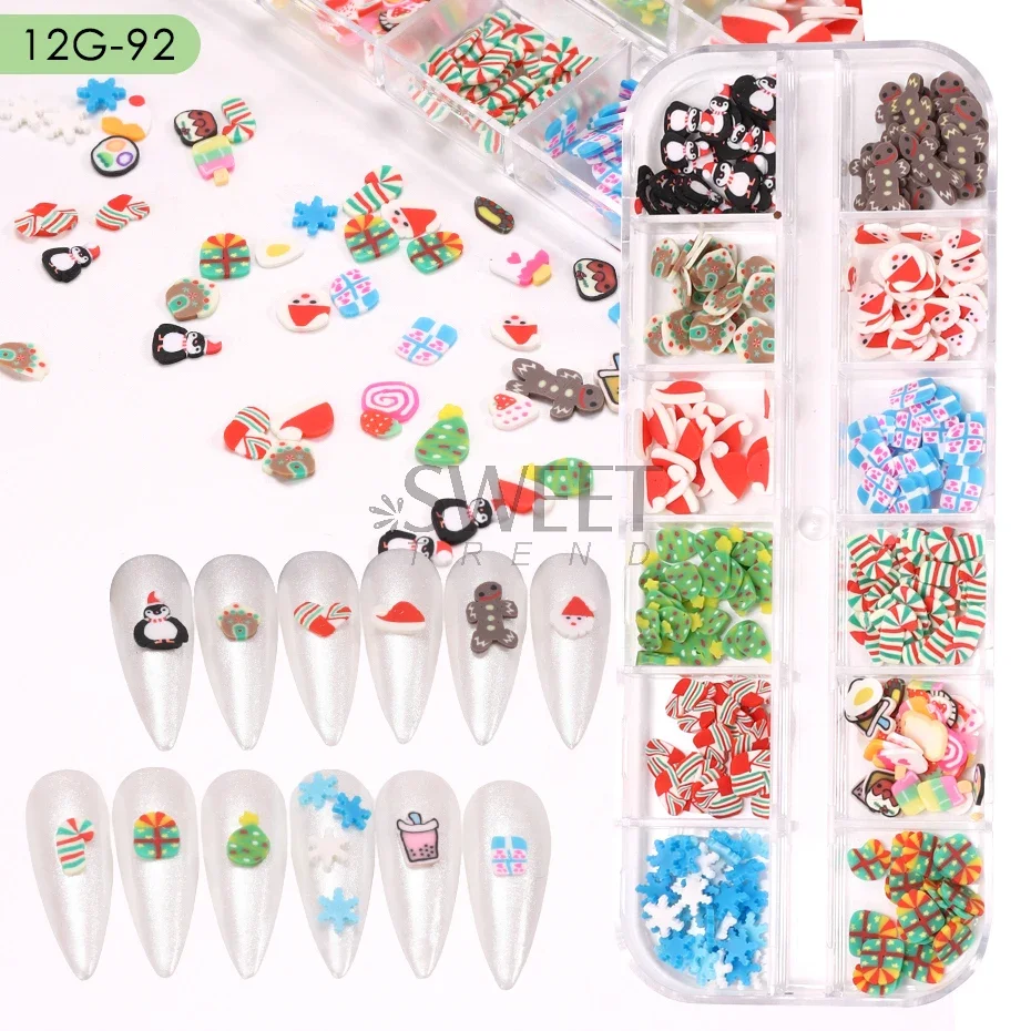 12 Grids Christmas Cartoon Nail Cute Polymer Clay Slices Santa Gingerbread Penguin Snowflakes Gem Jewelry DIY Manicure Art Decor